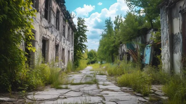 An abandoned area in daylight where nature has reclaimed its space, with overgrown plants enveloping crumbling buildings