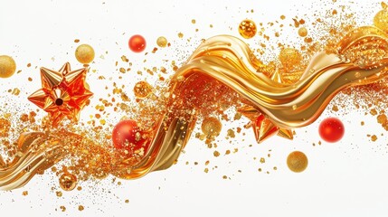 A festive swirl of golden ribbon with sparkling stars and red ornaments on a white background.