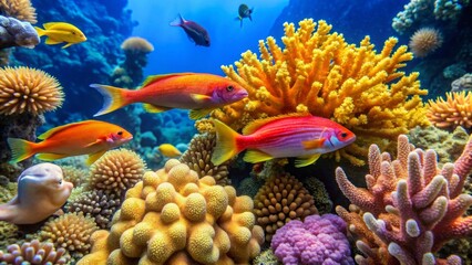 Fototapeta premium Vibrant underwater scene showcasing a diverse array of colorful coral formations and reef fish swimming amidst a flourishing aquatic ecosystem
