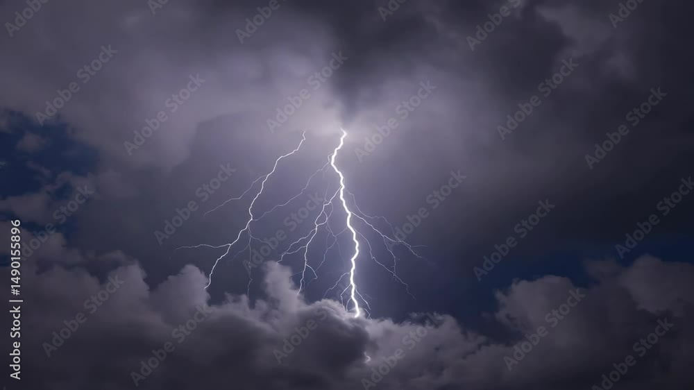 Poster a bolt of lightning strikes the sky, illuminating the dark clouds. scene is ominous and foreboding, 