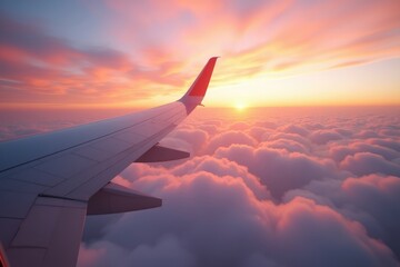 Fototapeta premium Airplane Window Sunset with White Wing Over Clouds, Serene Sky and Cinematic Light