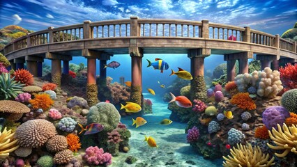 Submerged Stone Bridge Arching Over Vibrant Coral Reef and School of Fish