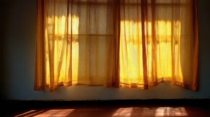 Naklejka premium Translucent Curtain Catching Golden Sunlight In A Room Creating A Warm And Inviting Atmosphere