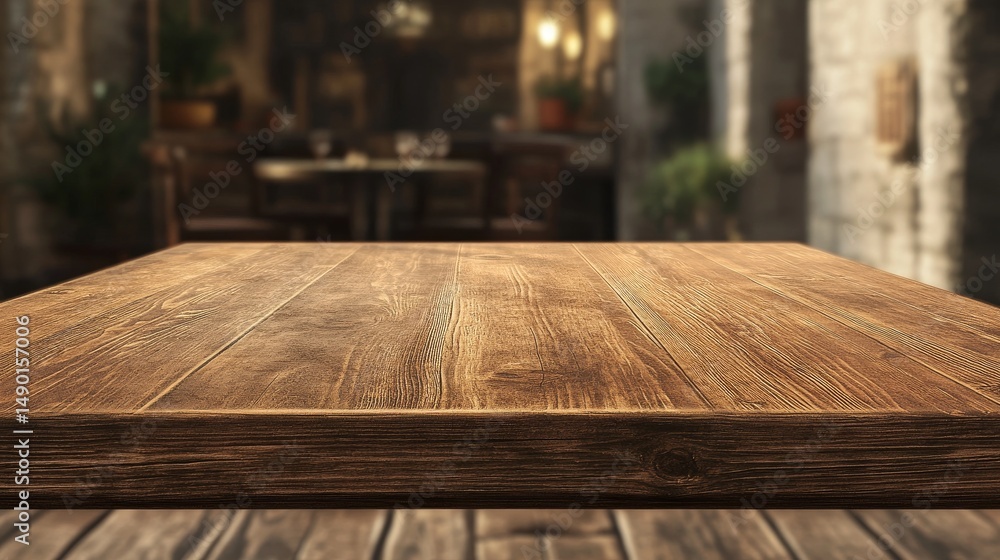 Poster a blank wooden table with a blurry restaurant behind it. good for showing off products or adding tex