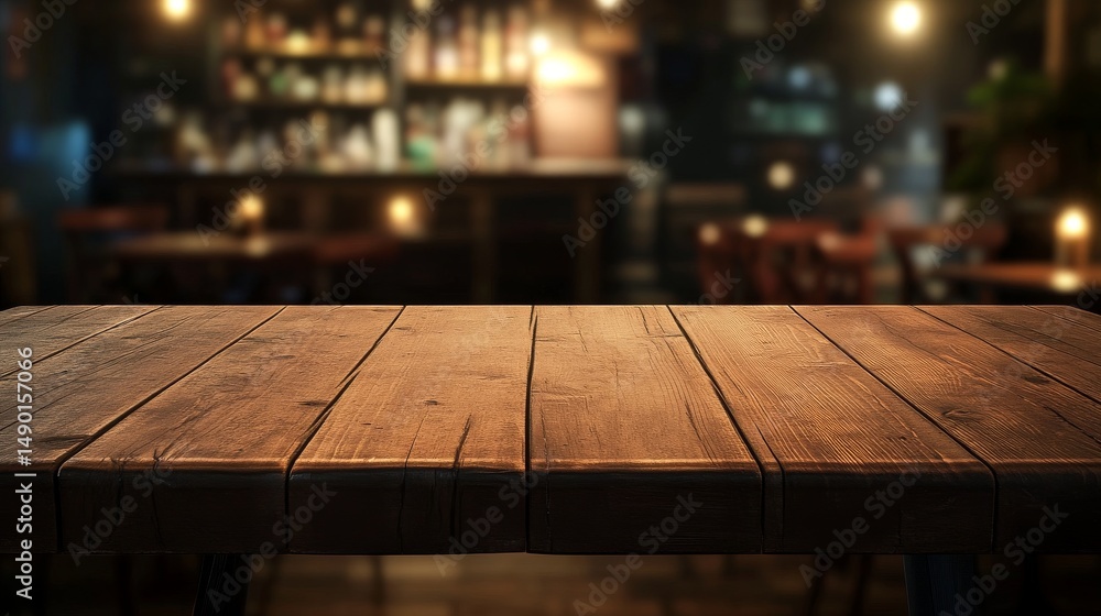 Poster a blank wooden table with a blurry restaurant behind it. good for showing off products or adding tex