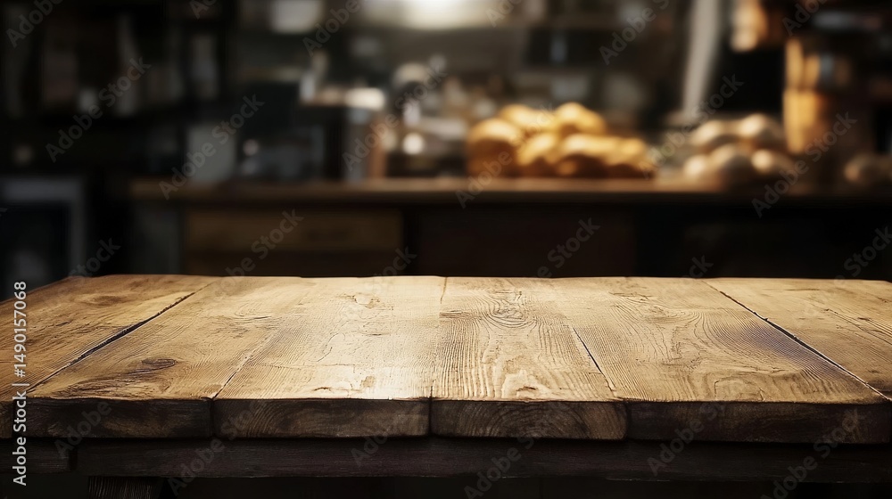 Poster a blank wooden table with a blurry restaurant behind it. good for showing off products or adding tex