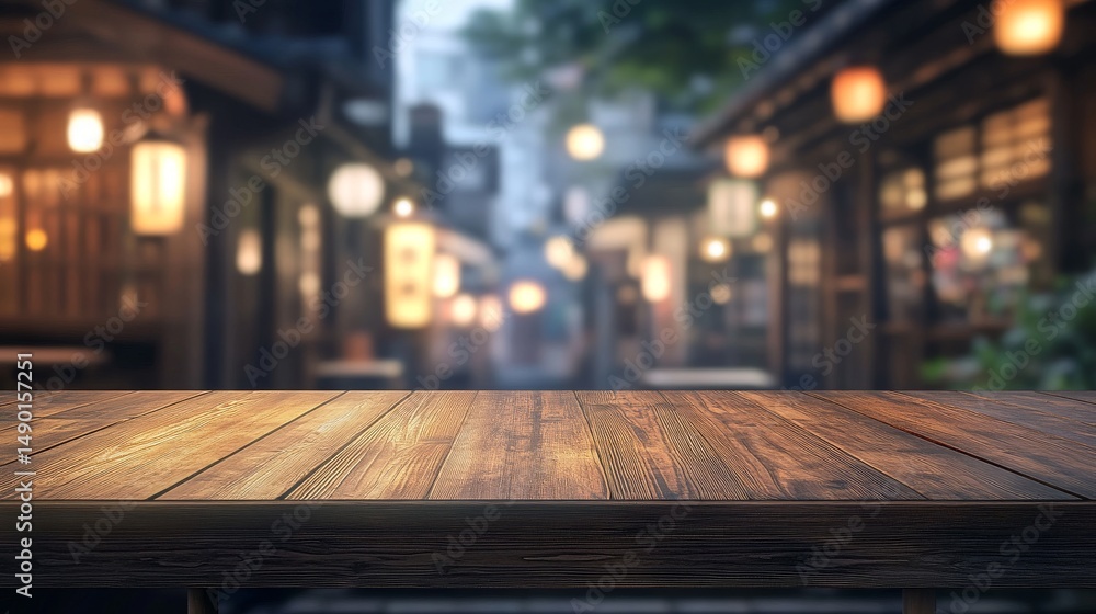 Poster a blank wooden table with a blurry restaurant behind it. good for showing off products or adding tex