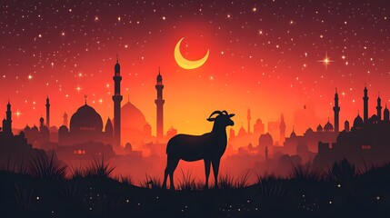 Fototapeta premium Silhouette of a goat against an islamic cityscape at sunset celebrating eid al adha