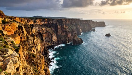Fototapeta premium Coastal Panorama: Dramatic cliffs meet the vast ocean under a dynamic sky, a stunning scene of natural beauty and the raw power of nature.