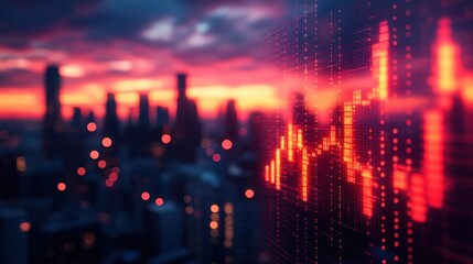 Red Stock Market Dip Over Cityscape at Sunset