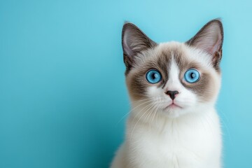 Grey and white pretty cat with blue eyes looking at camera, sitting on blue studio background, closeup shot