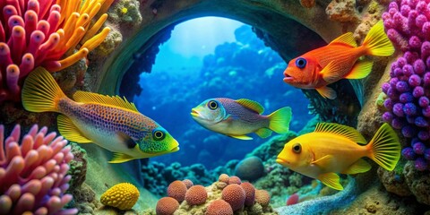 Fototapeta premium Vibrant Reef Inhabitants A Colorful Underwater Scene Featuring Diverse Tropical Fish and Coral