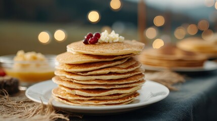 Delicious Pancakes Stack with Berries and Cream. Breakfast Food Photography.