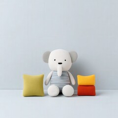 Framed watercolor elephant in boho nursery setting, soft gray palette
