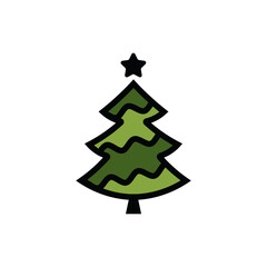 An icon of a Christmas tree with decorations and a star. A design element.