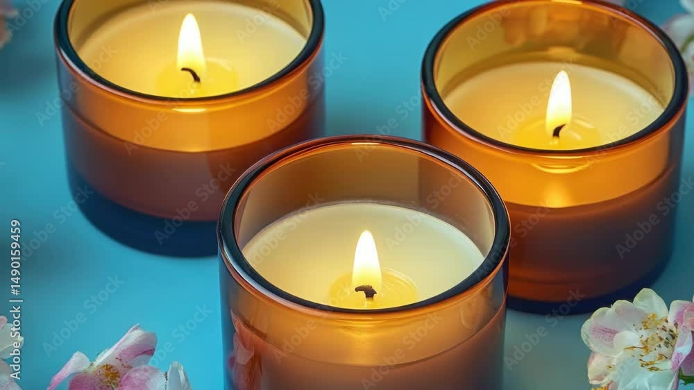 Aufkleber three candles are lit and placed in glass containers. the candles are arranged in a row, with one in