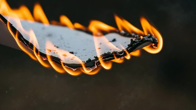 Close-up of burning paper with flames curling and ashes falling  