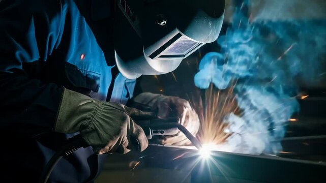 Skilled welder working with welding equipment in industrial setting  