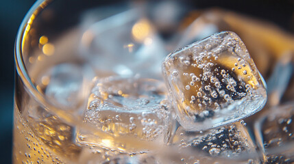 Close-up of ice cubes floating in a glass of sparkling lemonade, bubbles catching the light