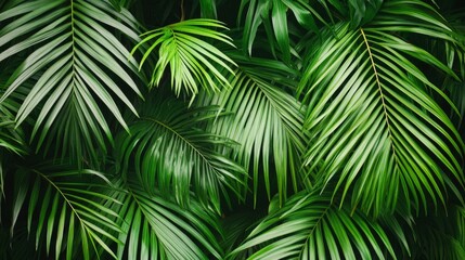 Palm leaves create a green, tropical pattern. It's like jungle wallpaper with lots of exotic greenery. A simple, fresh green background.

