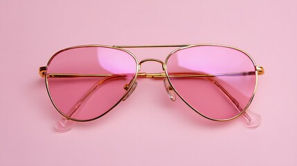 Top view of pink lens sunglasses with gold frame on pink background Feminine fashion accessory