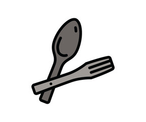 The contour icon of a camping spoon and fork. A design element.