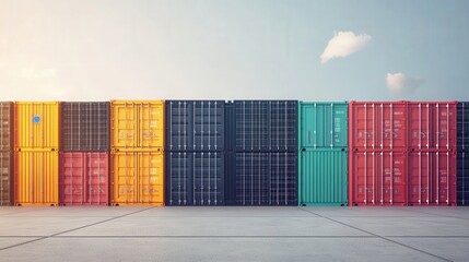 Colorful shipping containers lined up against a clear sky, showcasing industrial logistics and transport