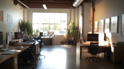 The office inside is blurry. You can see desks, chairs, and big, bright, modern windows.
