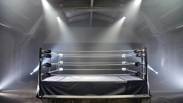 Empty wrestling ring illuminated by dramatic spotlights inside an abandoned industrial warehouse