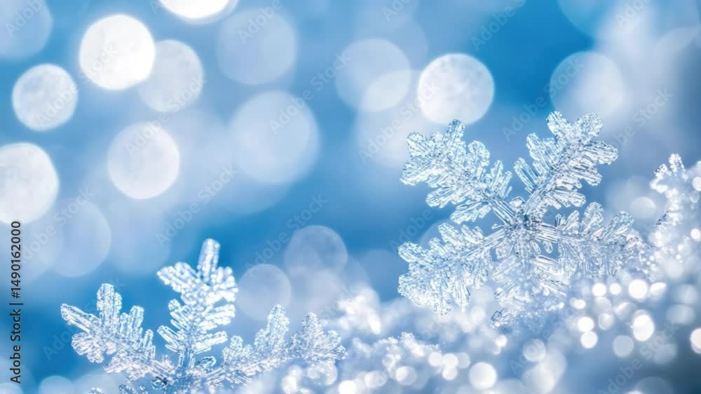 Poster frosty snowflakes on a soft blue background with gentle bokeh effect creating a winter wonderland fe