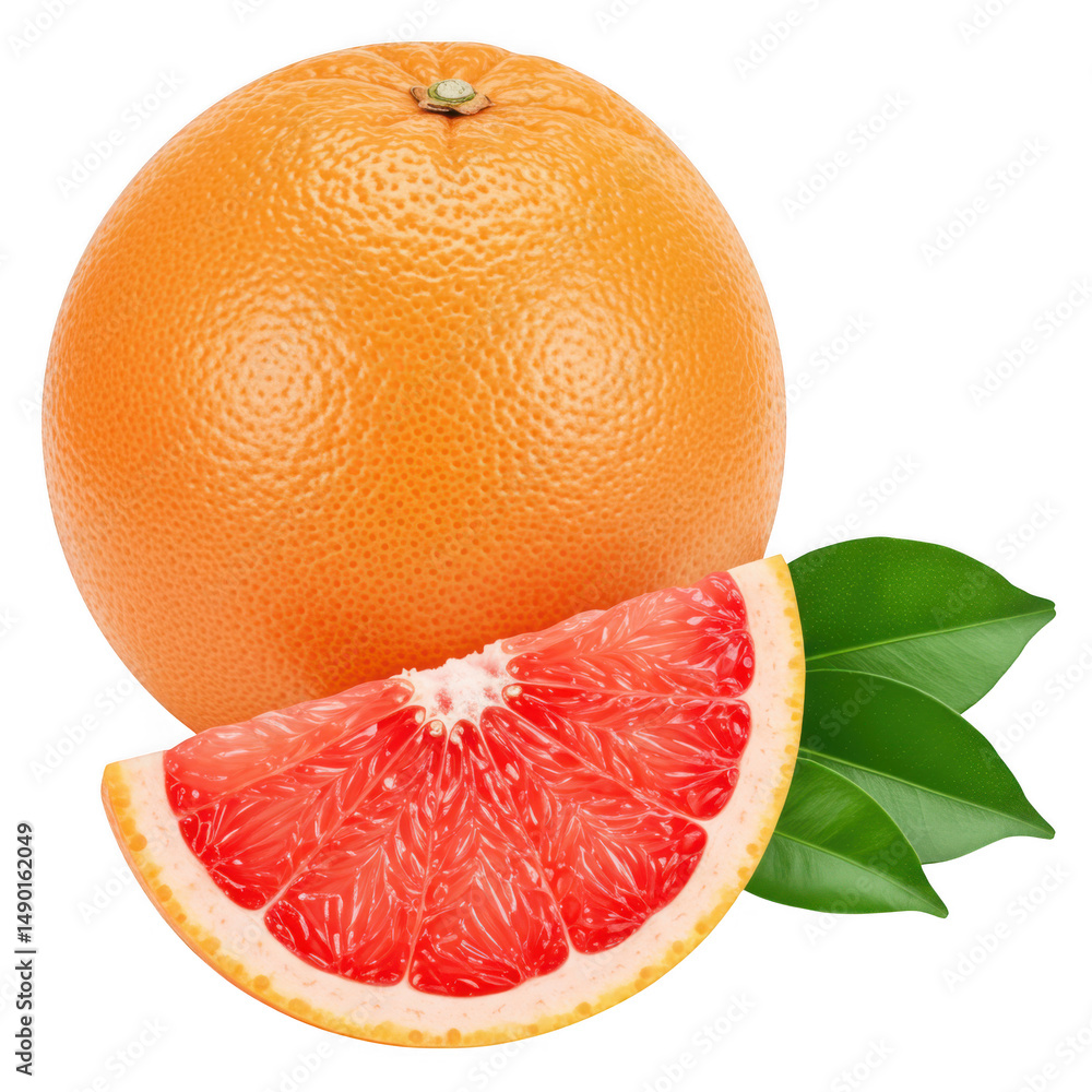 Poster whole grapefruit with slice and leaves isolated on transparent background