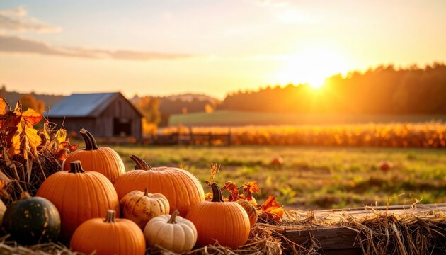 Autumn Harvest Abundance: A bountiful display of pumpkins of varying sizes and colors sits on a rustic wooden surface against the backdrop of a picturesque autumn sunset over a farm field.