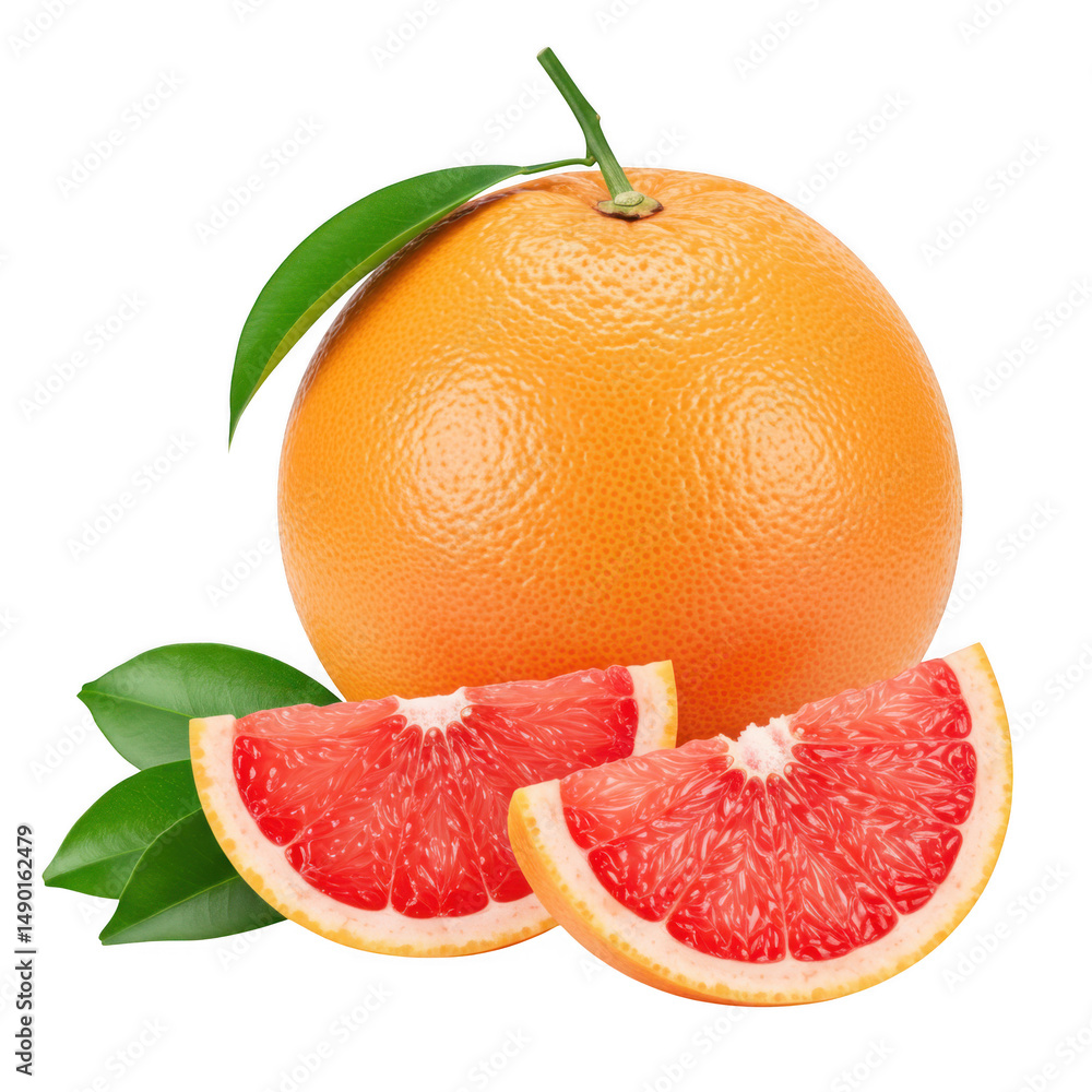 Aufkleber fresh grapefruit with slices and leaves isolated on transparent background
