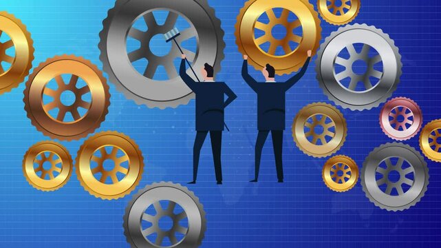 Businessman collaborate working together fixing gear cogwheel managing complex process operational of a company