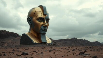 Cracked metallic head on alien desert with rocky landscape