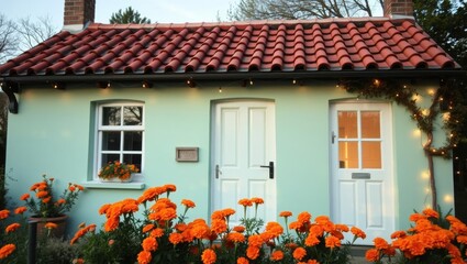 Cute pastel house with red roof and vibrant flower garden