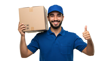 Happy Delivery Man Holding Package, Thumbs Up Gesture