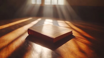 Still life of a book spread on a wooden surface illuminated by soft sunlight
