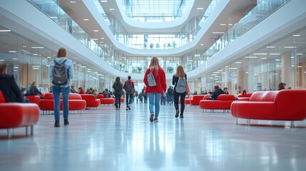 Modern University Students Walking Through Bright Atrium
