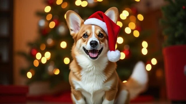 Adorable corgi dog wearing a santa hat sits in front of a brightly lit christmas tree, enjoying the festive atmosphere