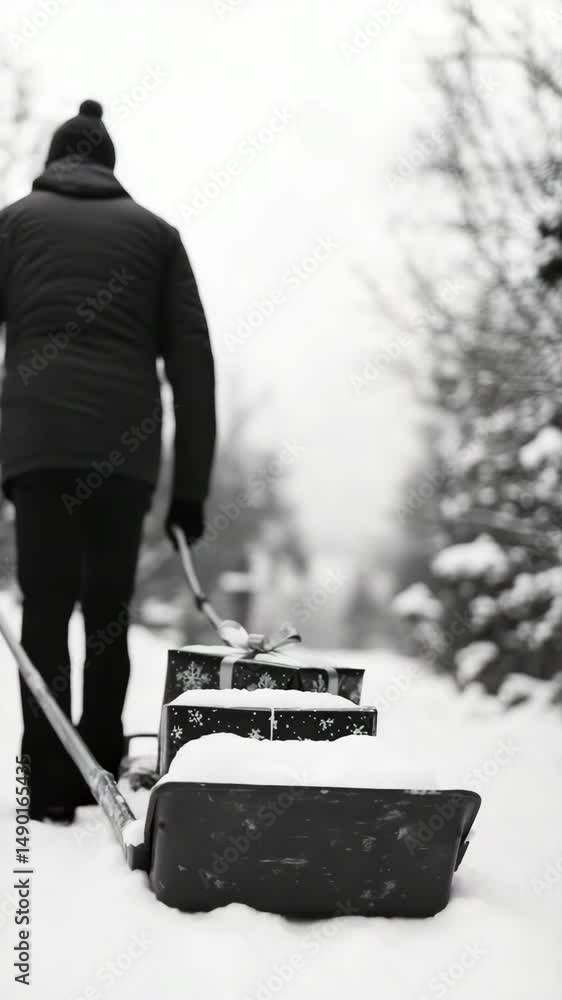 Poster a man is pulling a cart with a pile of presents on it. the scene is set in a snowy forest, and the m