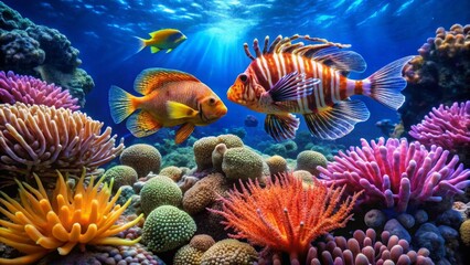 Vibrant Reef Inhabitants Gracefully Interact Amidst a Tapestry of Colorful Corals and Anemones