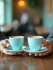 Obraz premium Two hands gently hold a pair of turquoise coffee cups, set on saucers, with a person in the background.