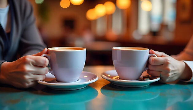 A cozy cafe scene with two people sharing coffee over a casual, relaxed conversation.
