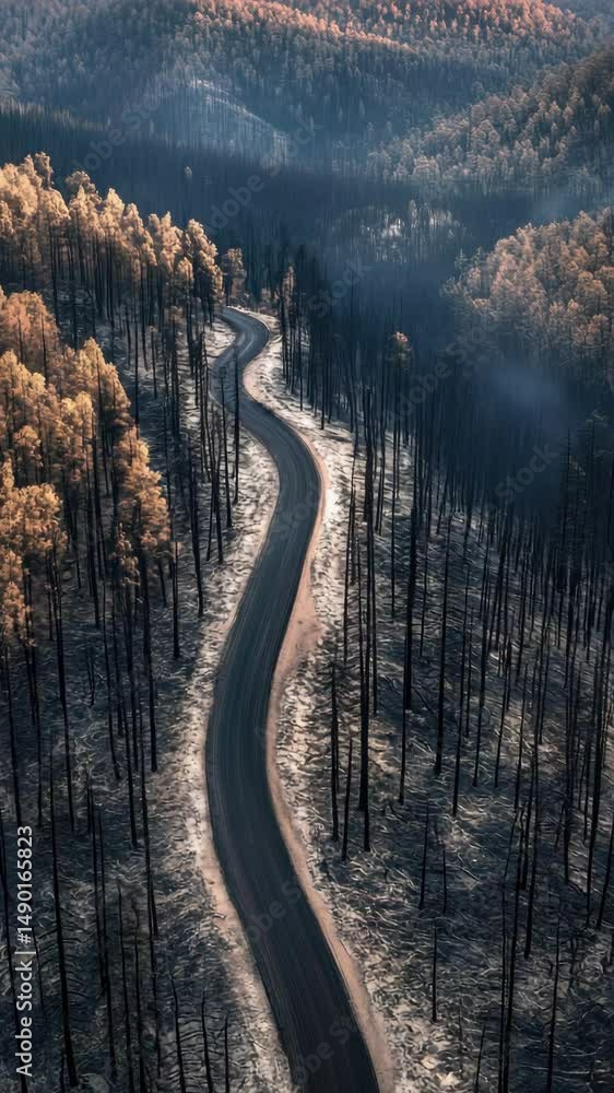 Poster a road with trees on both sides and a long line of trees in the background. the road is empty and th