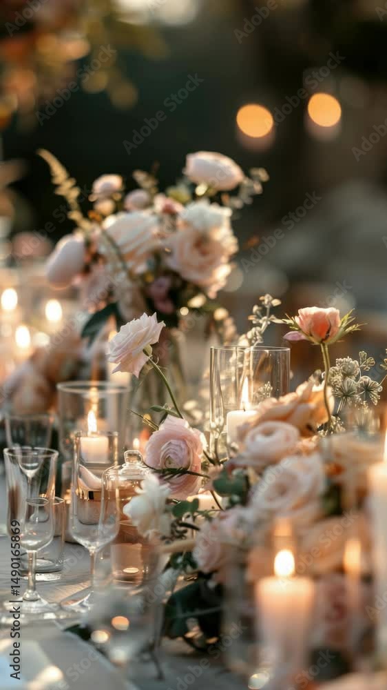 Poster a table is set with a variety of flowers and candles, creating a warm and inviting atmosphere. the c