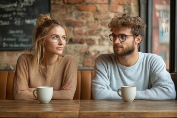 Positive man and woman with cups of coffee sitting by table in front of one another and looking aside with interest