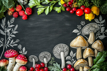 Chalk seasonal menu ad with drawn mushrooms, berries and fresh vegetables