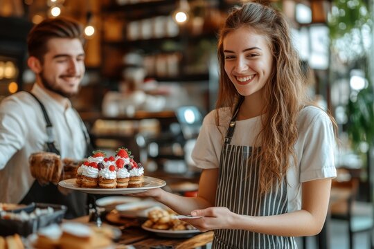 Cheerful young waitress serving some dessert to happy hungry male customer in cafe