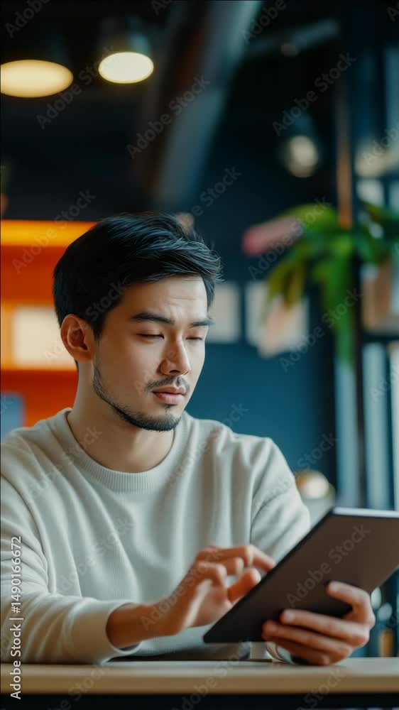 Poster a man is sitting at a table with a tablet in his hand. he is looking at the screen with a serious ex